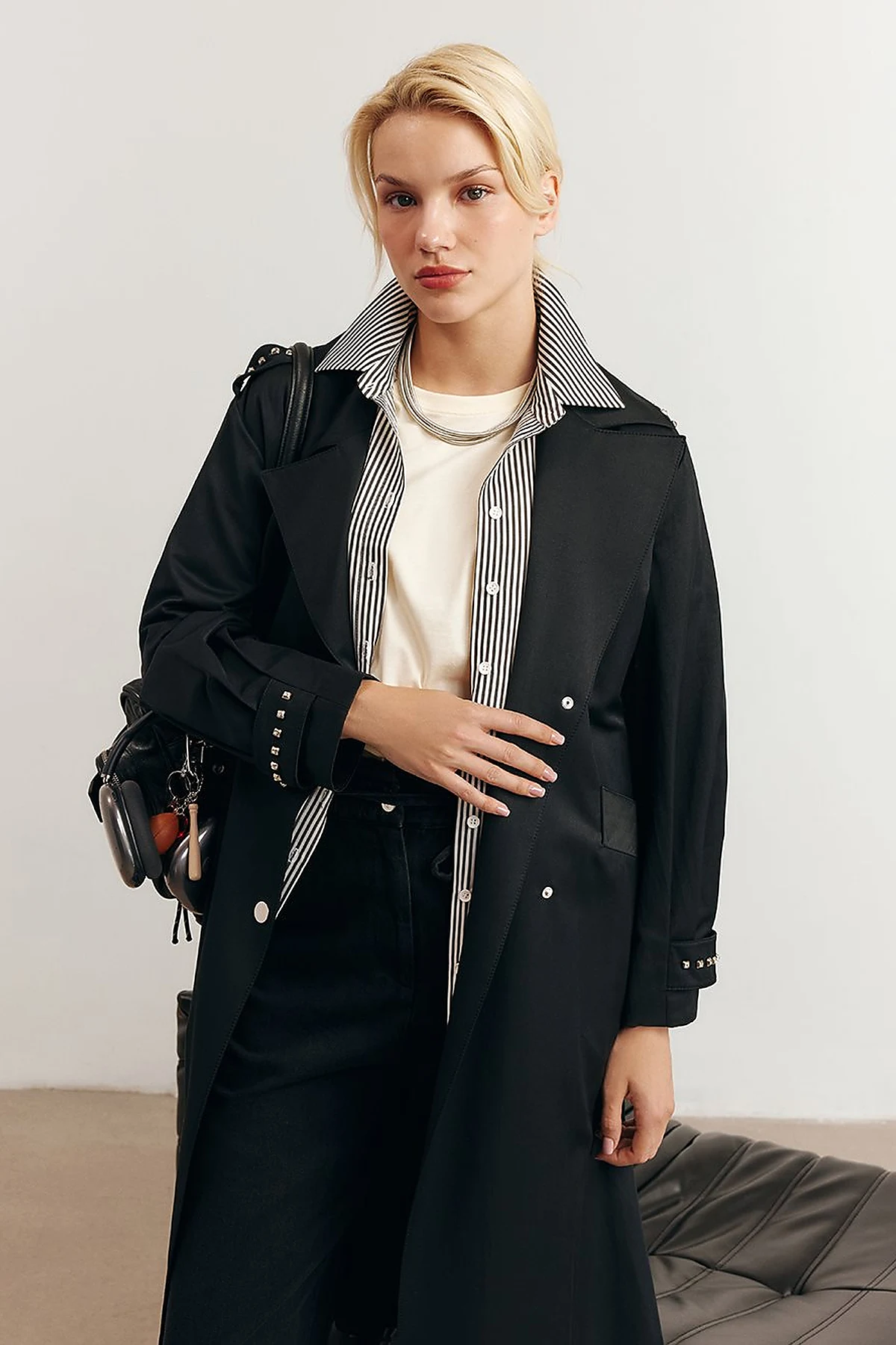 Stud Printed Trench Coat Black