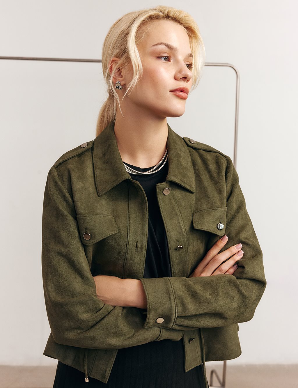Double-Pocket Suede Jacket in Khaki