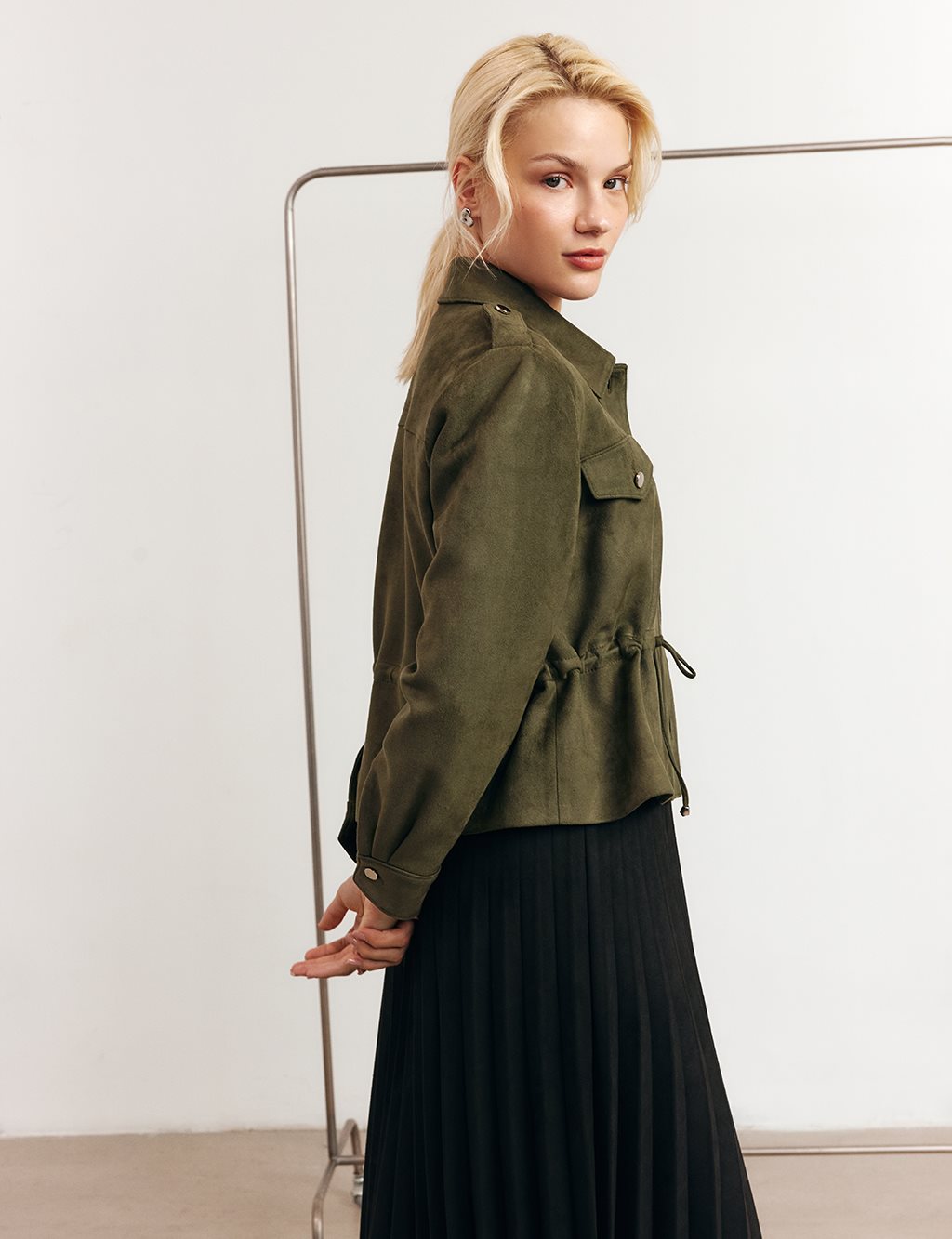 Double-Pocket Suede Jacket in Khaki