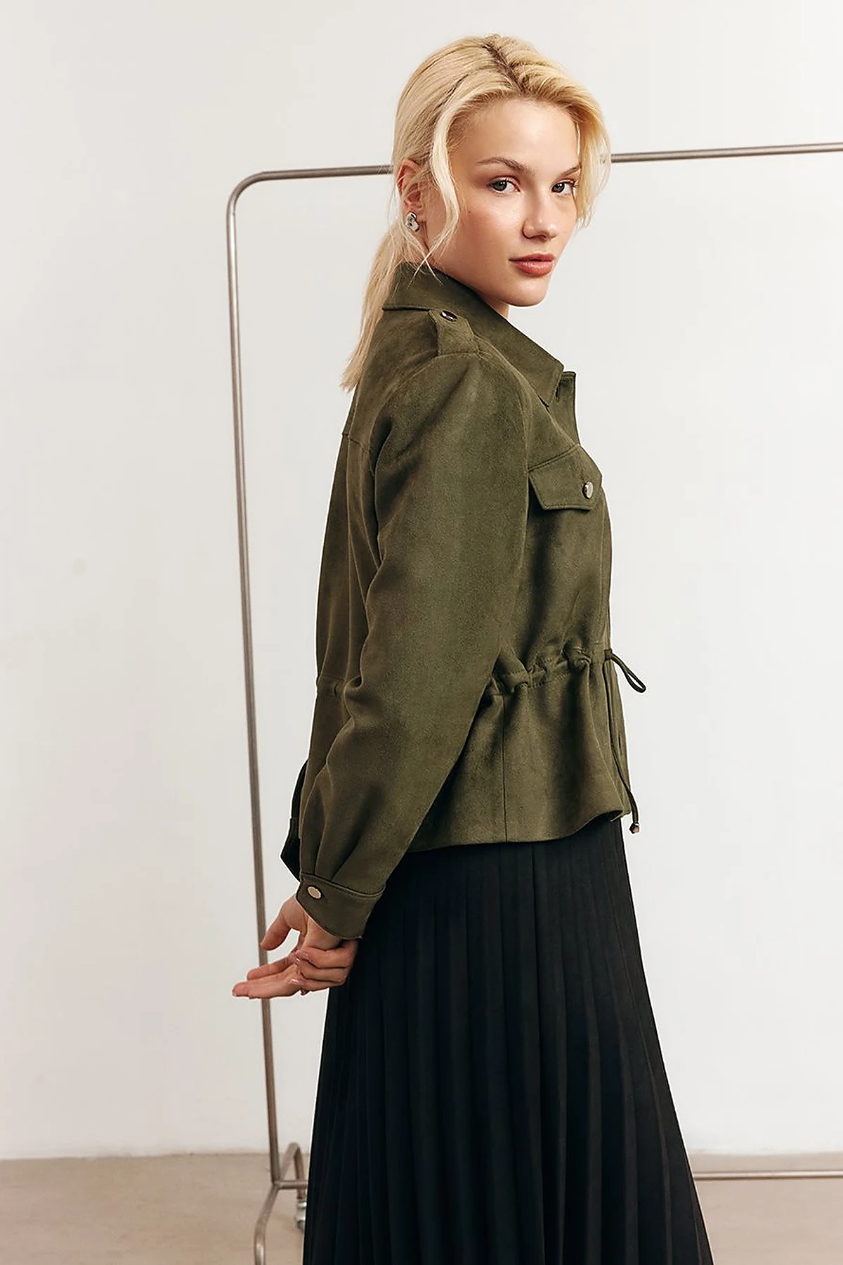 Double-Pocket Suede Jacket in Khaki