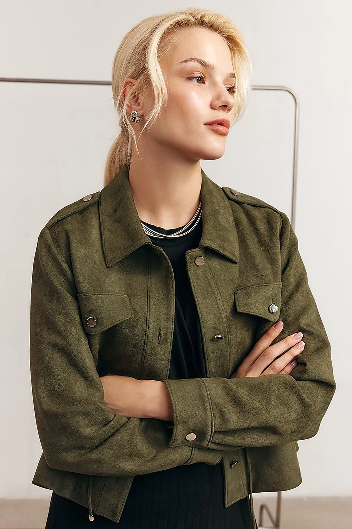 Double-Pocket Suede Jacket in Khaki