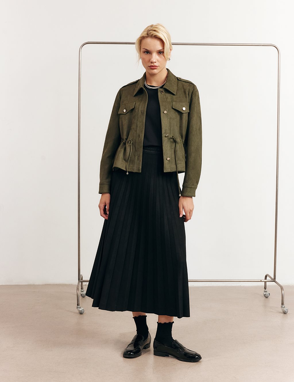 Double-Pocket Suede Jacket in Khaki