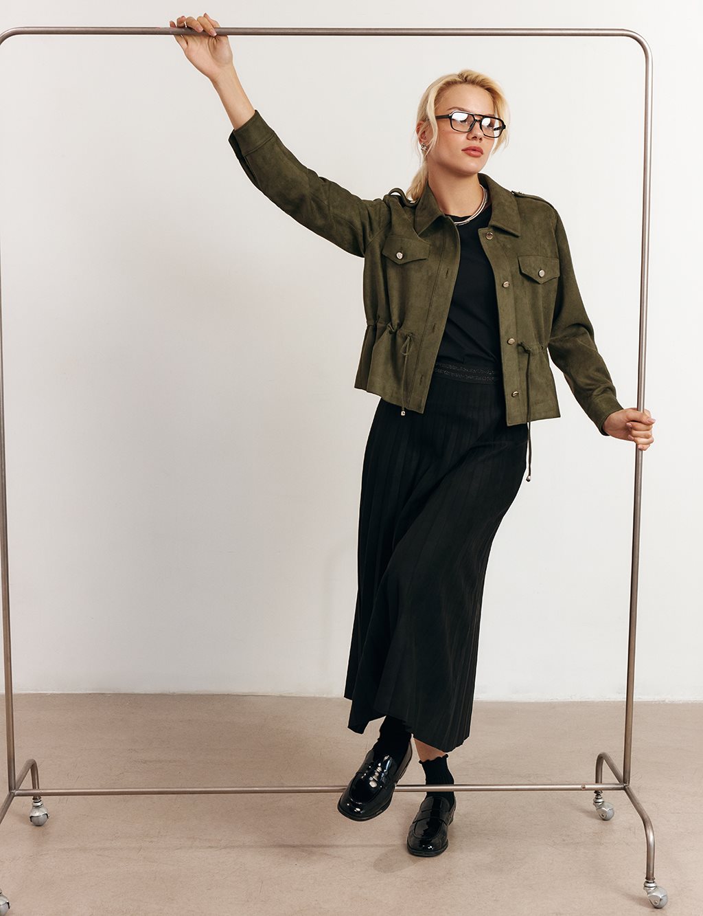 Double-Pocket Suede Jacket in Khaki