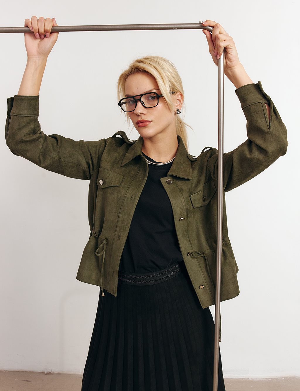 Double-Pocket Suede Jacket in Khaki