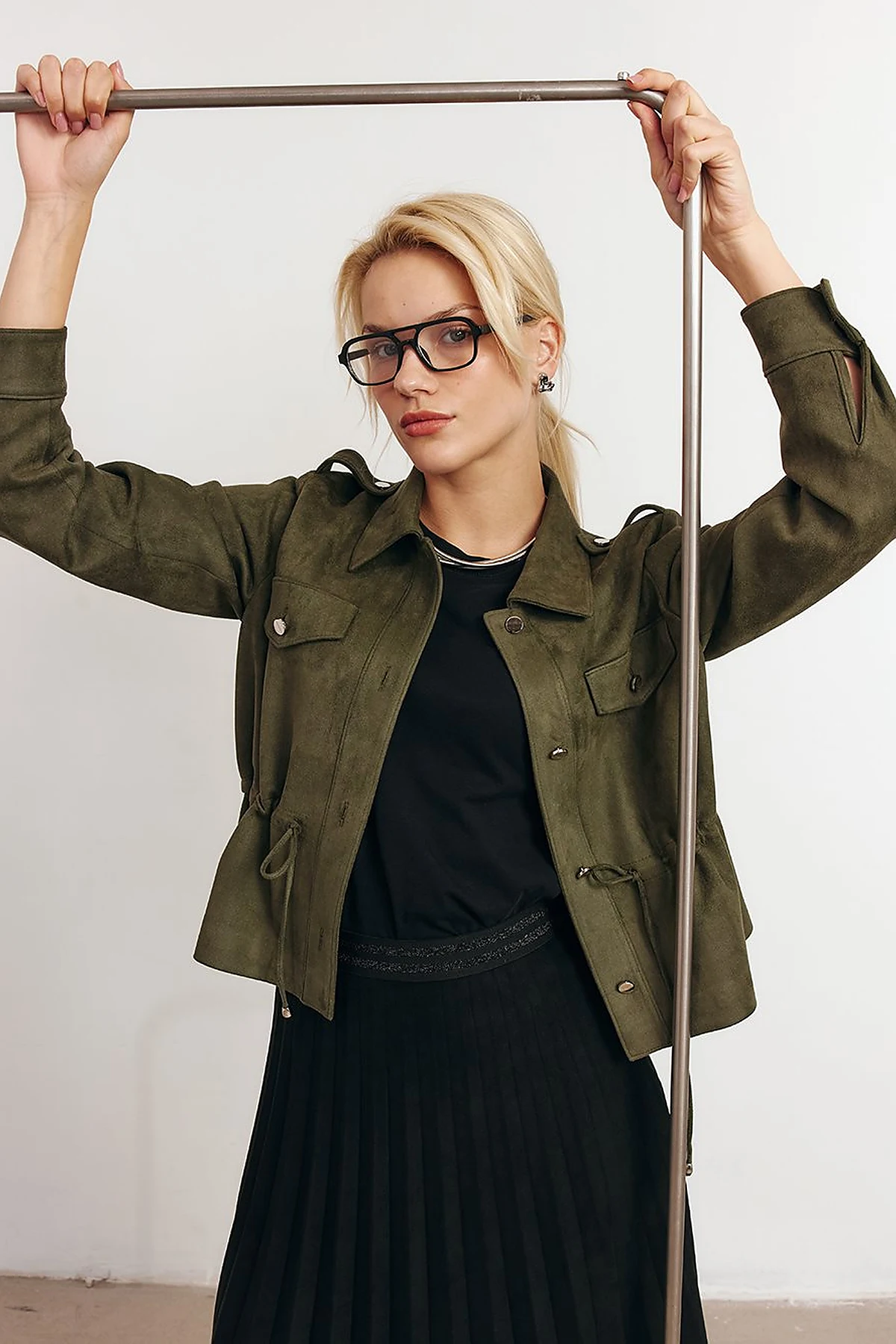 Double-Pocket Suede Jacket in Khaki