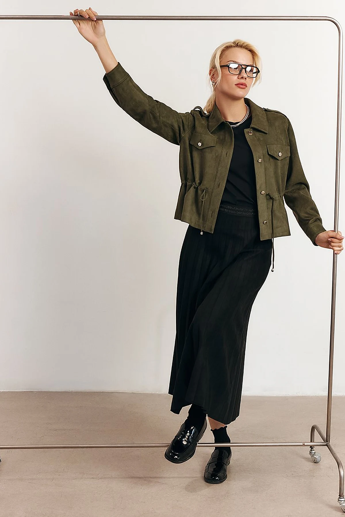 Double-Pocket Suede Jacket in Khaki