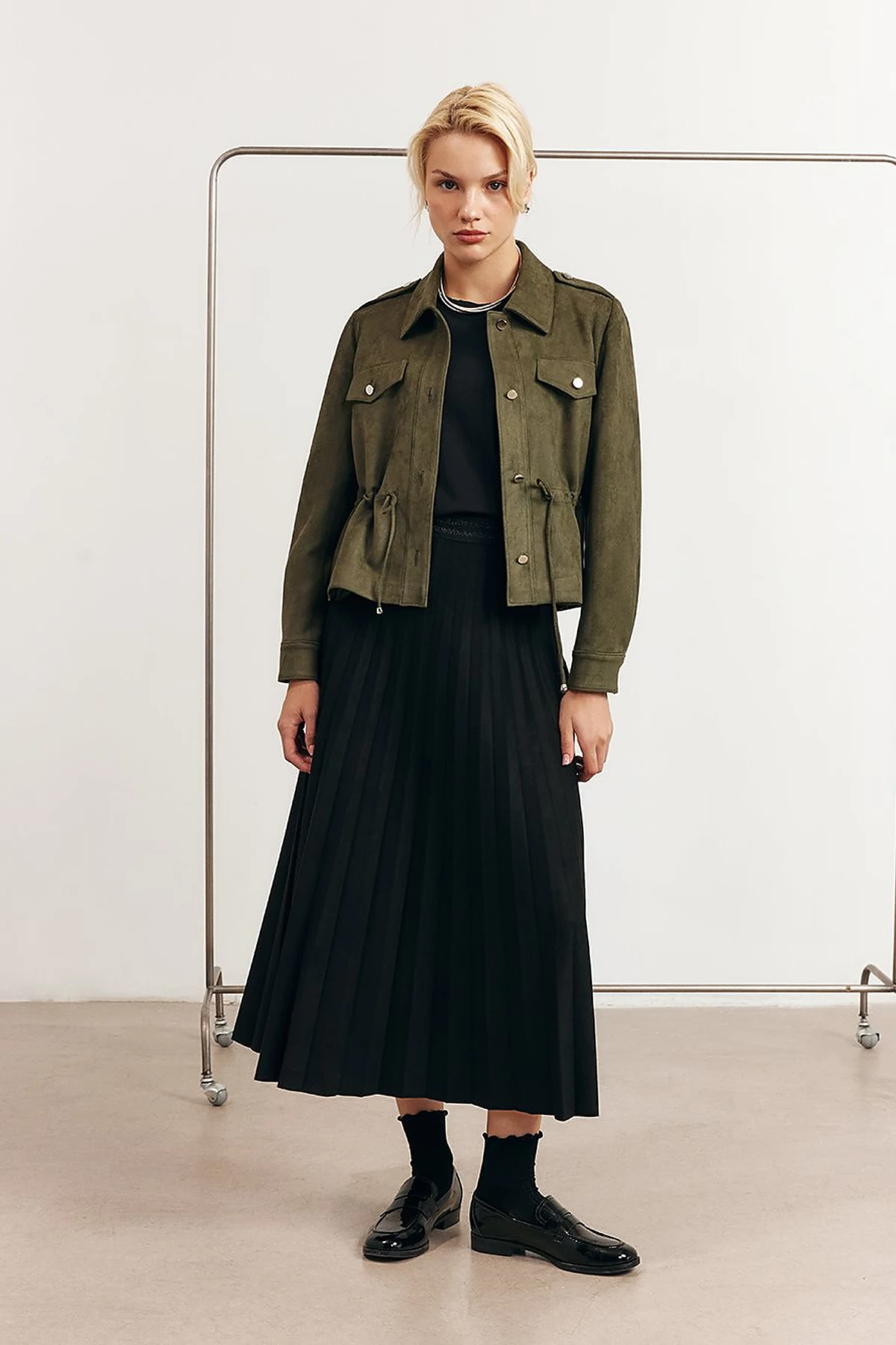 Double-Pocket Suede Jacket in Khaki