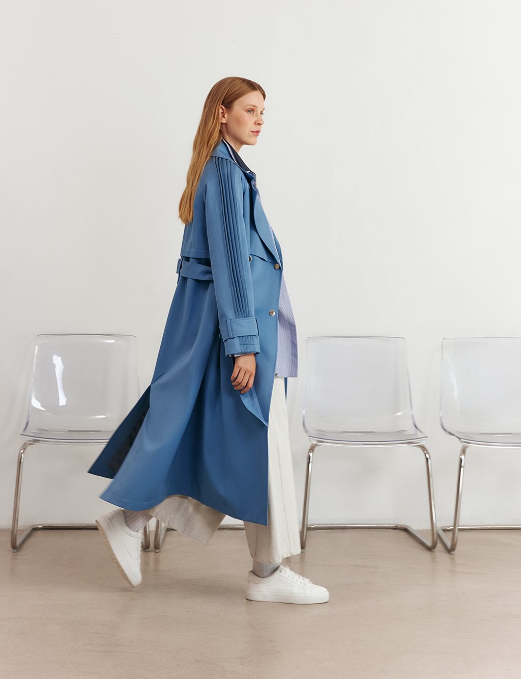 Epaulet-Detail Long Trench Coat Crown Blue