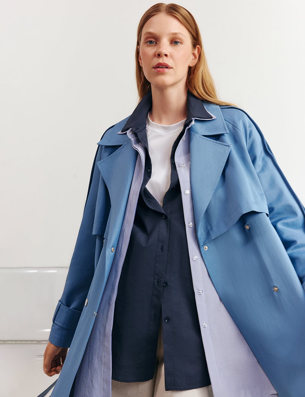 Epaulet-Detail Long Trench Coat Crown Blue