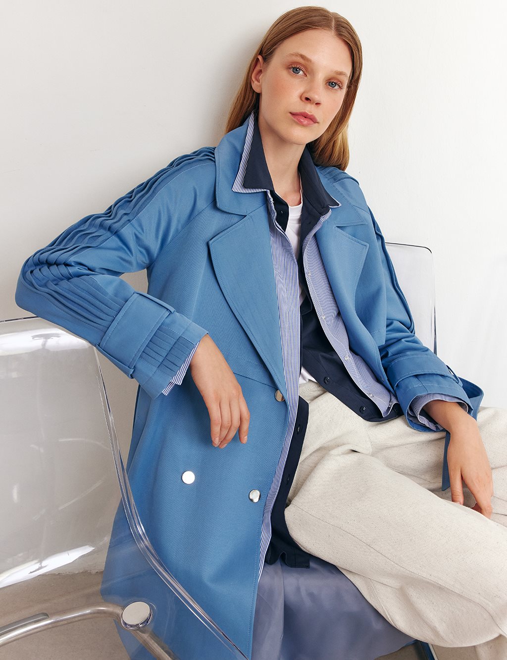 Epaulet-Detail Long Trench Coat Crown Blue