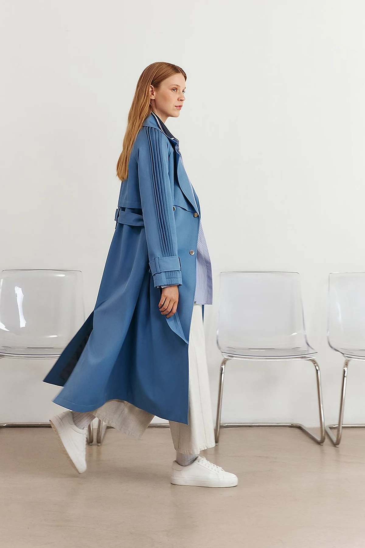 Epaulet-Detail Long Trench Coat Crown Blue