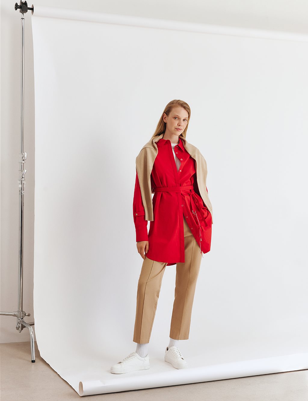 Belt-Detail Rayon Tunic – Red