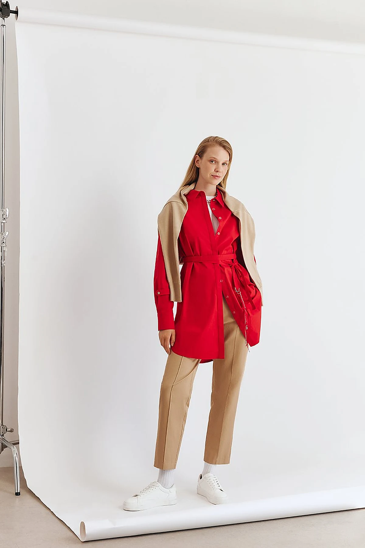 Belt-Detail Rayon Tunic – Red
