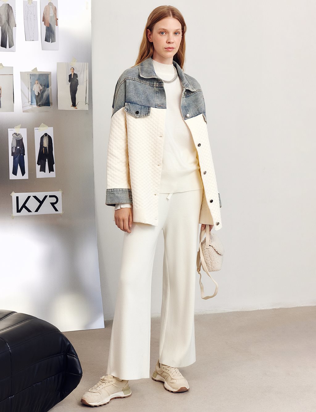 Denim-Trimmed Jacket Cream 