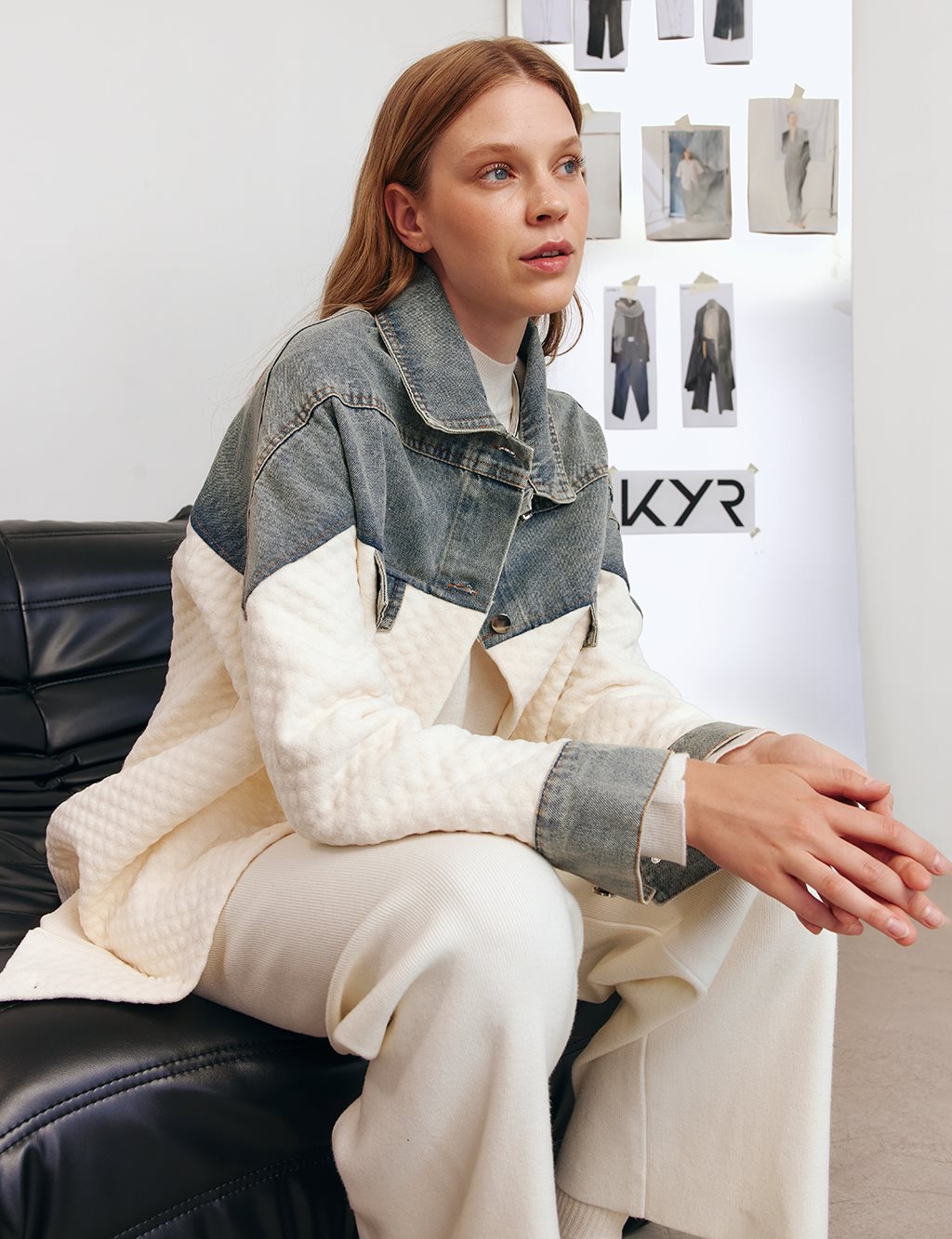 Denim-Trimmed Jacket Cream 