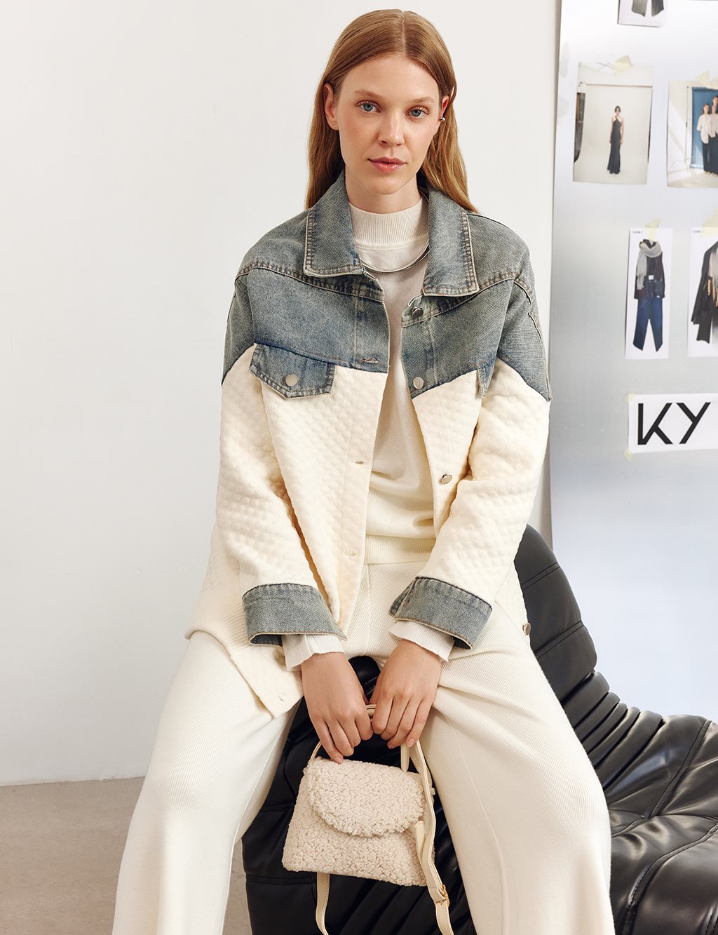 Denim-Trimmed Jacket Cream 