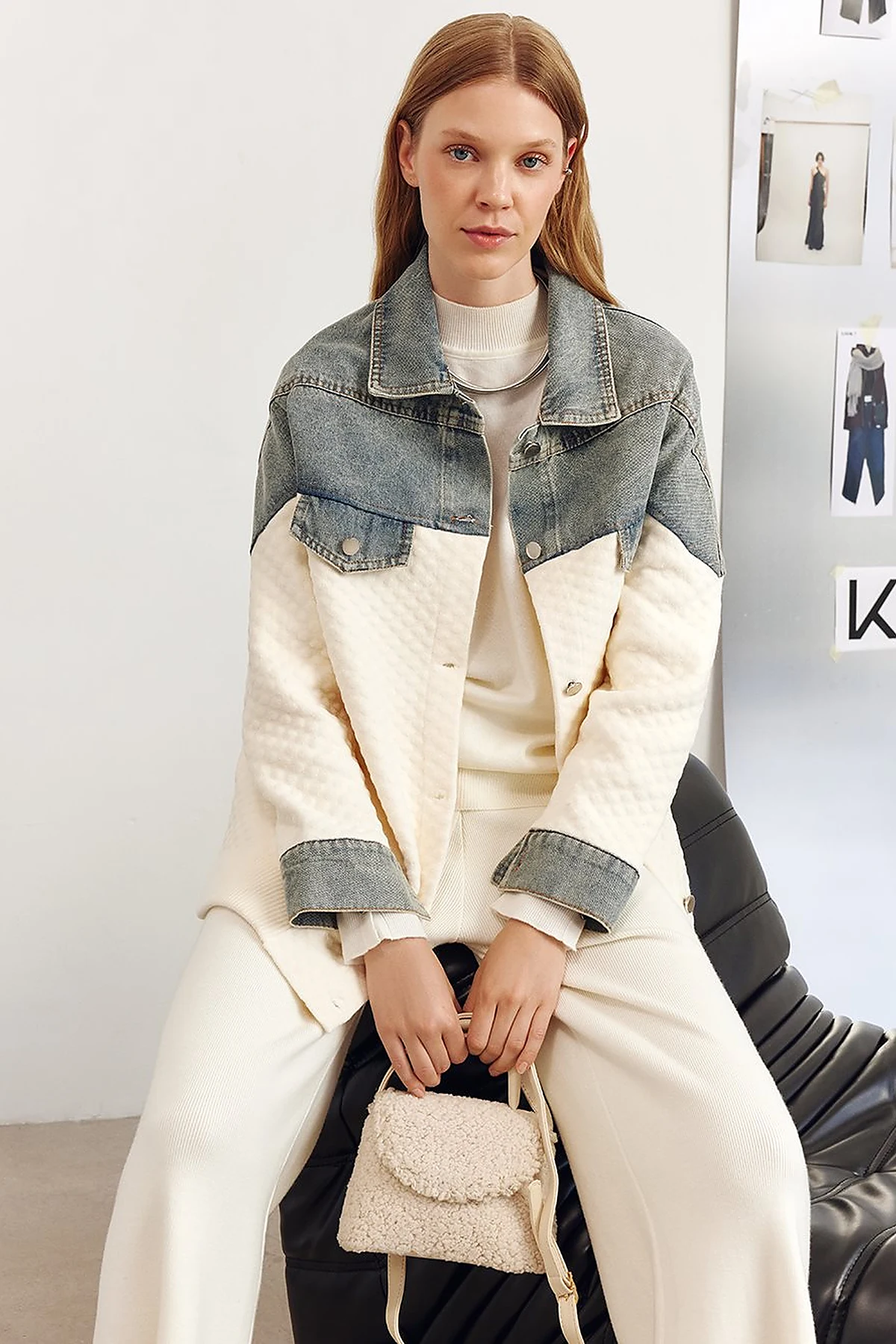 Denim-Trimmed Jacket Cream 