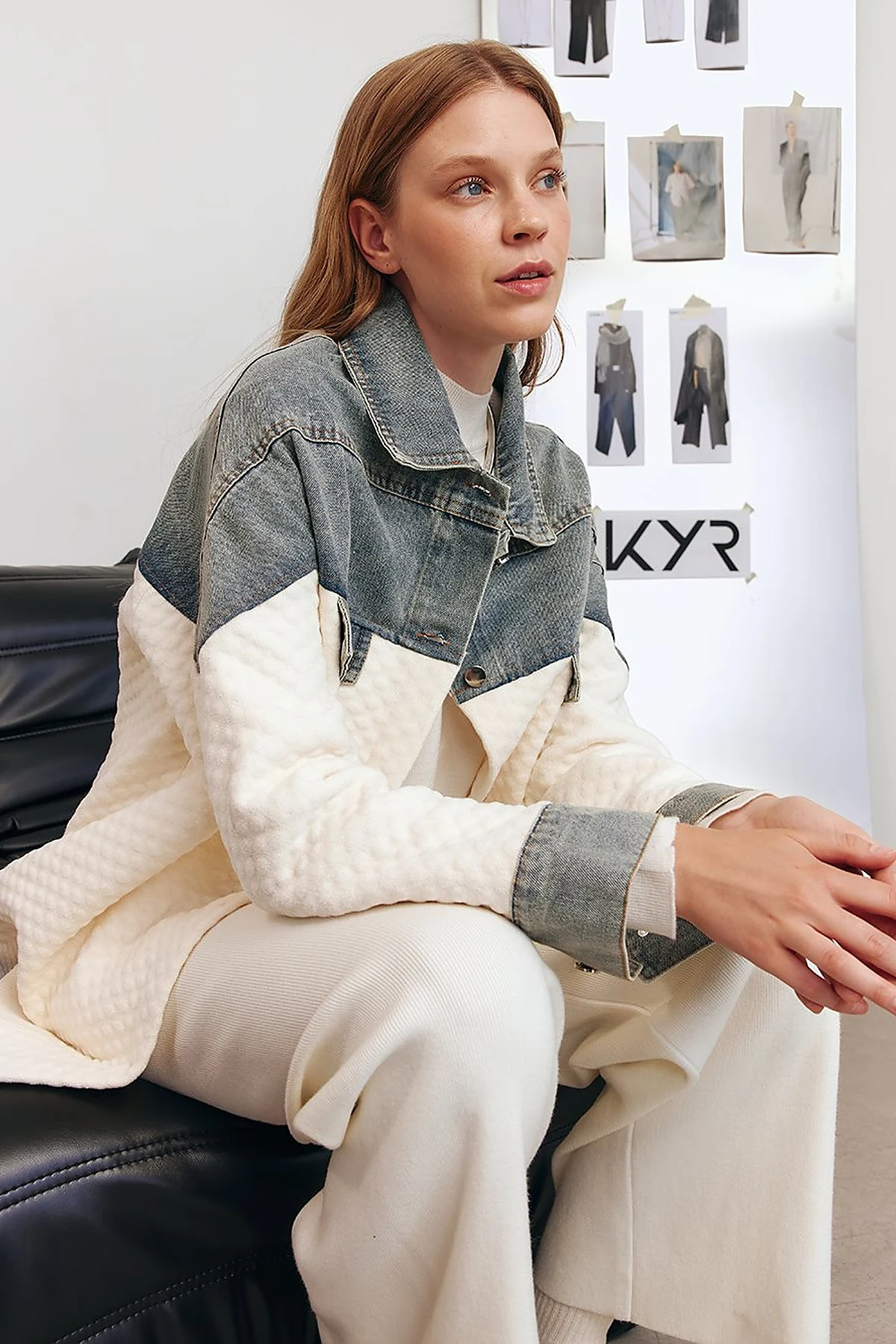 Denim-Trimmed Jacket Cream 