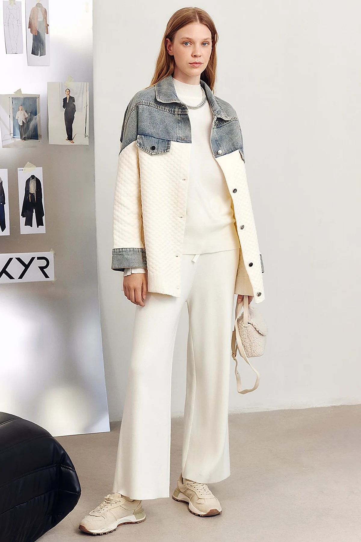 Denim-Trimmed Jacket Cream 