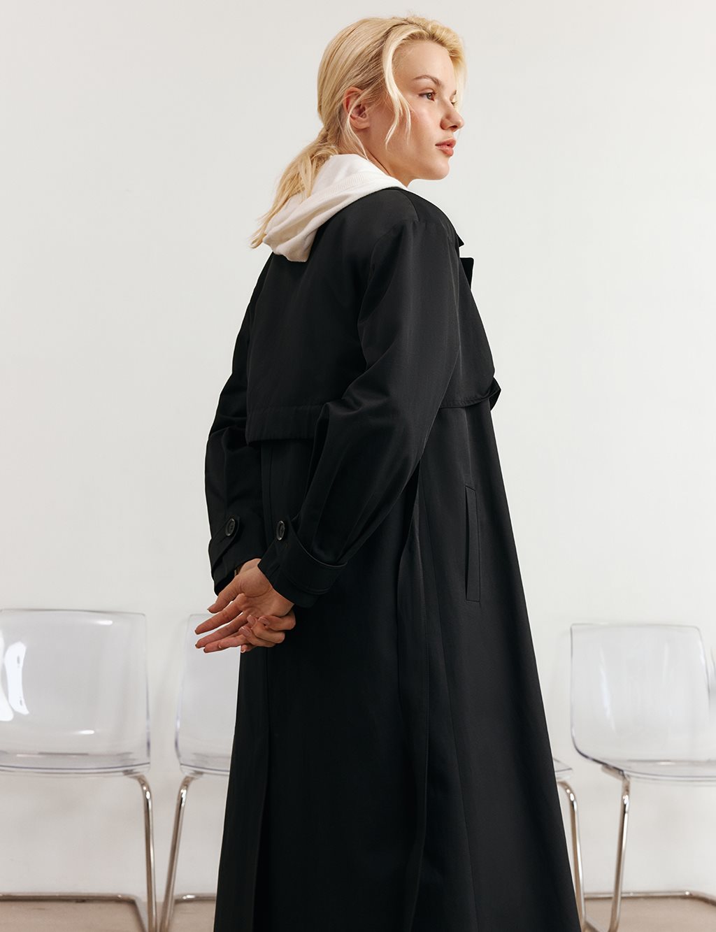 Belted Long Trench Coat in Black