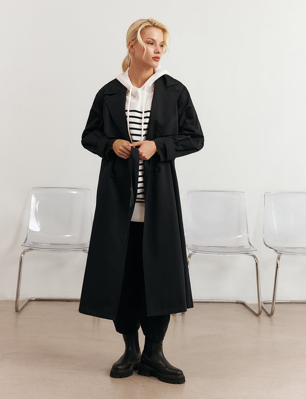 Belted Long Trench Coat in Black