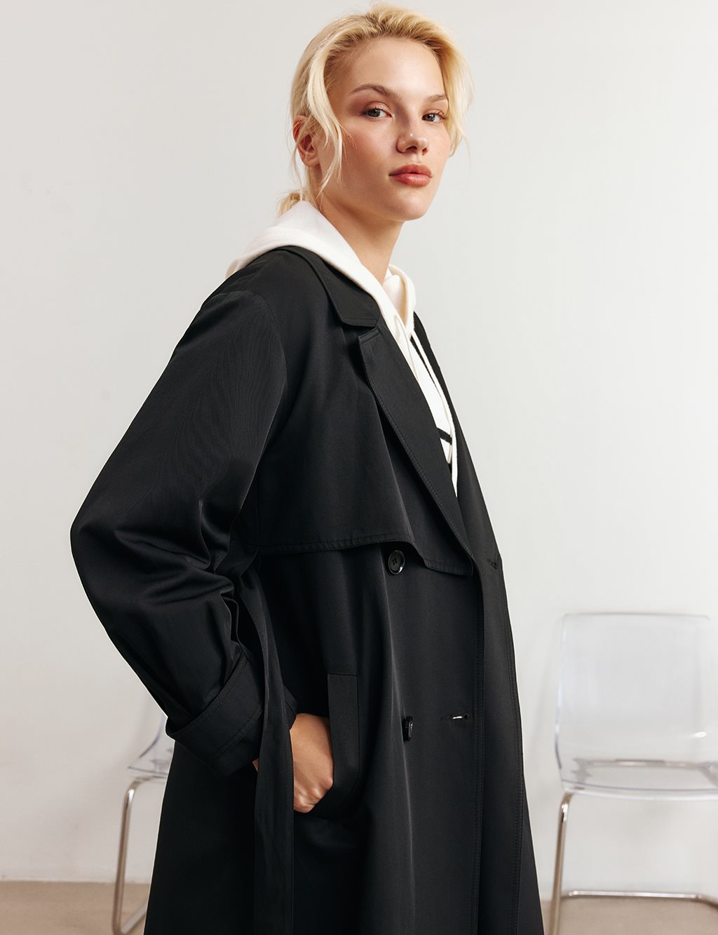 Belted Long Trench Coat in Black