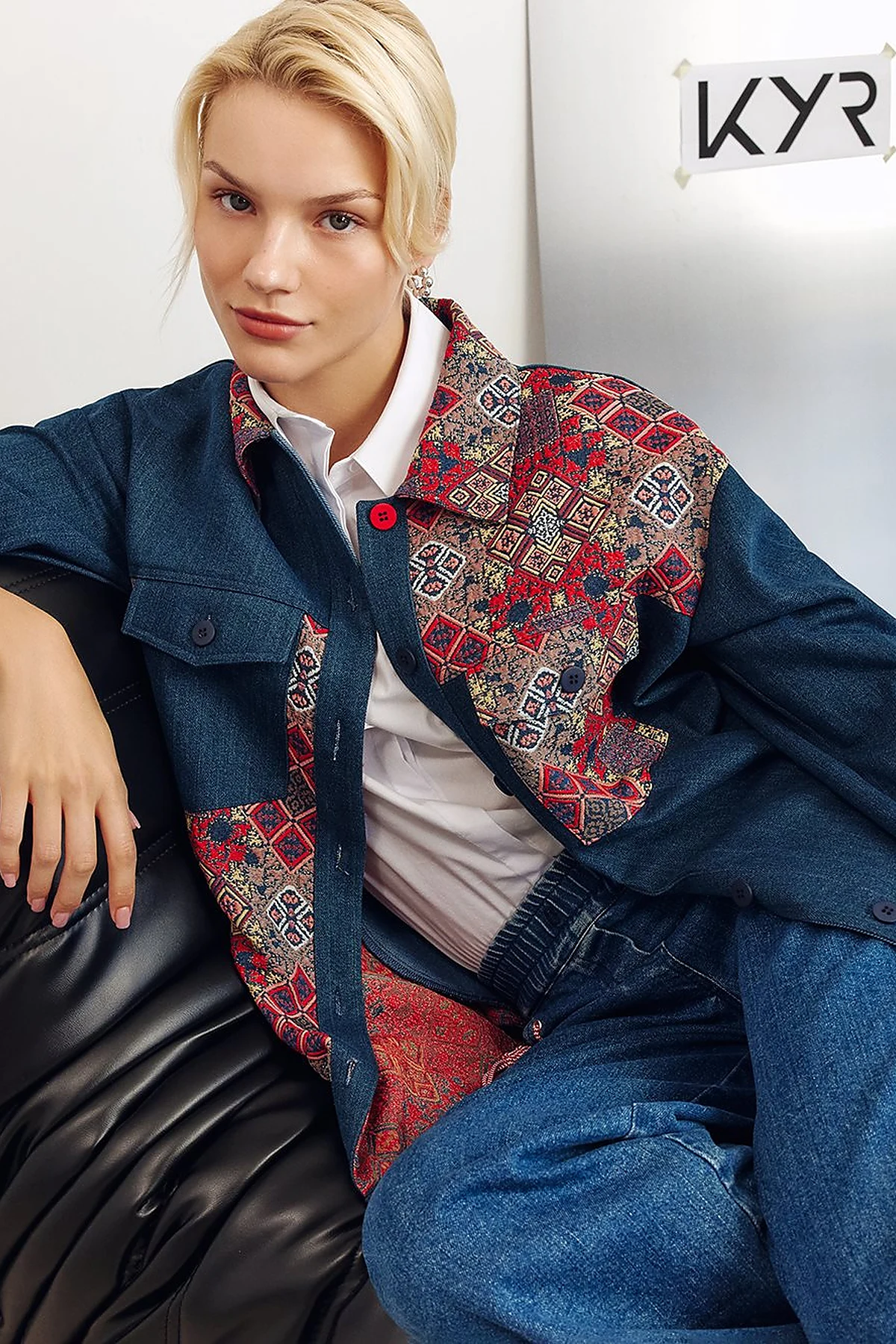 Desenli Denim Ceket İndigo 
