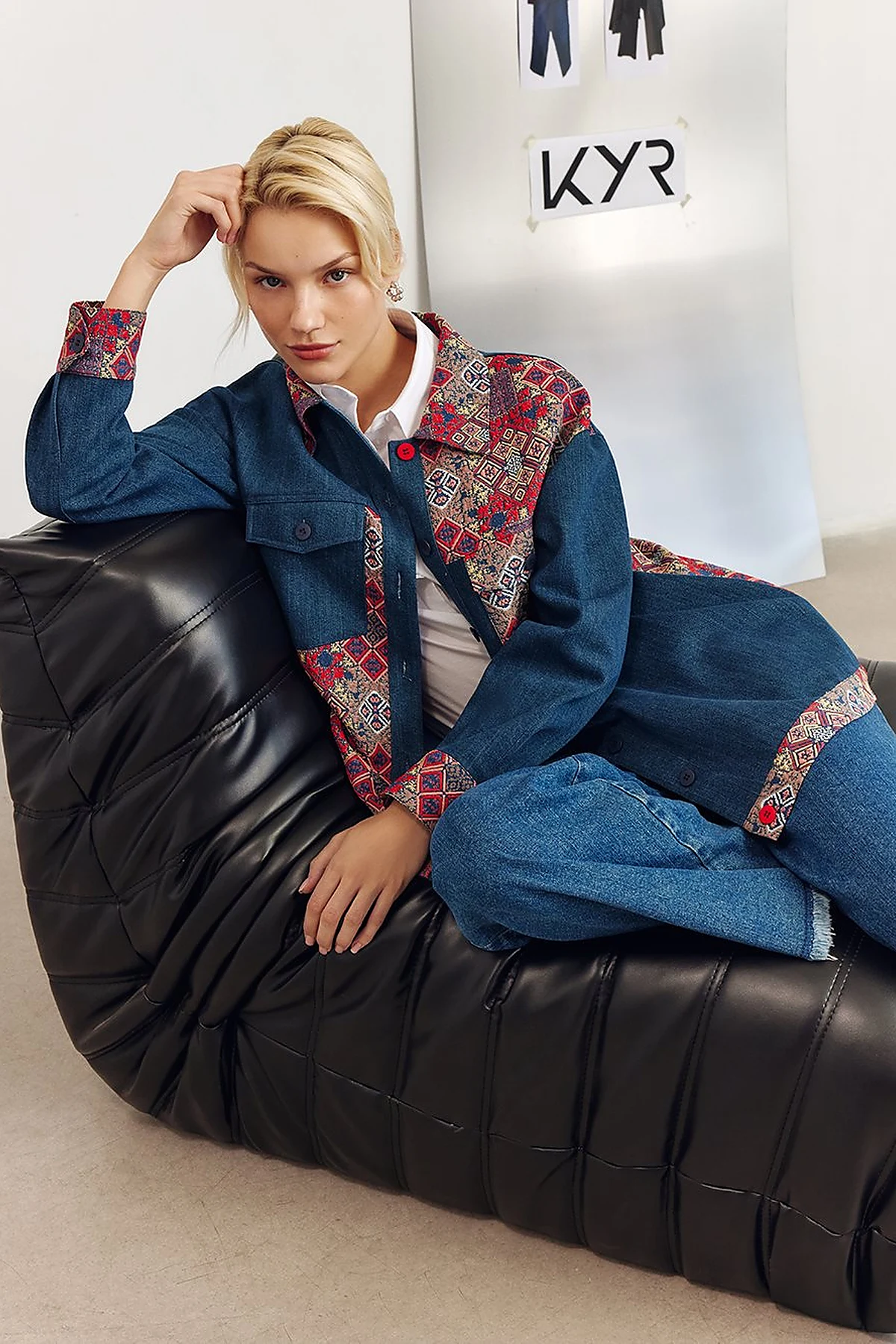 Desenli Denim Ceket İndigo 
