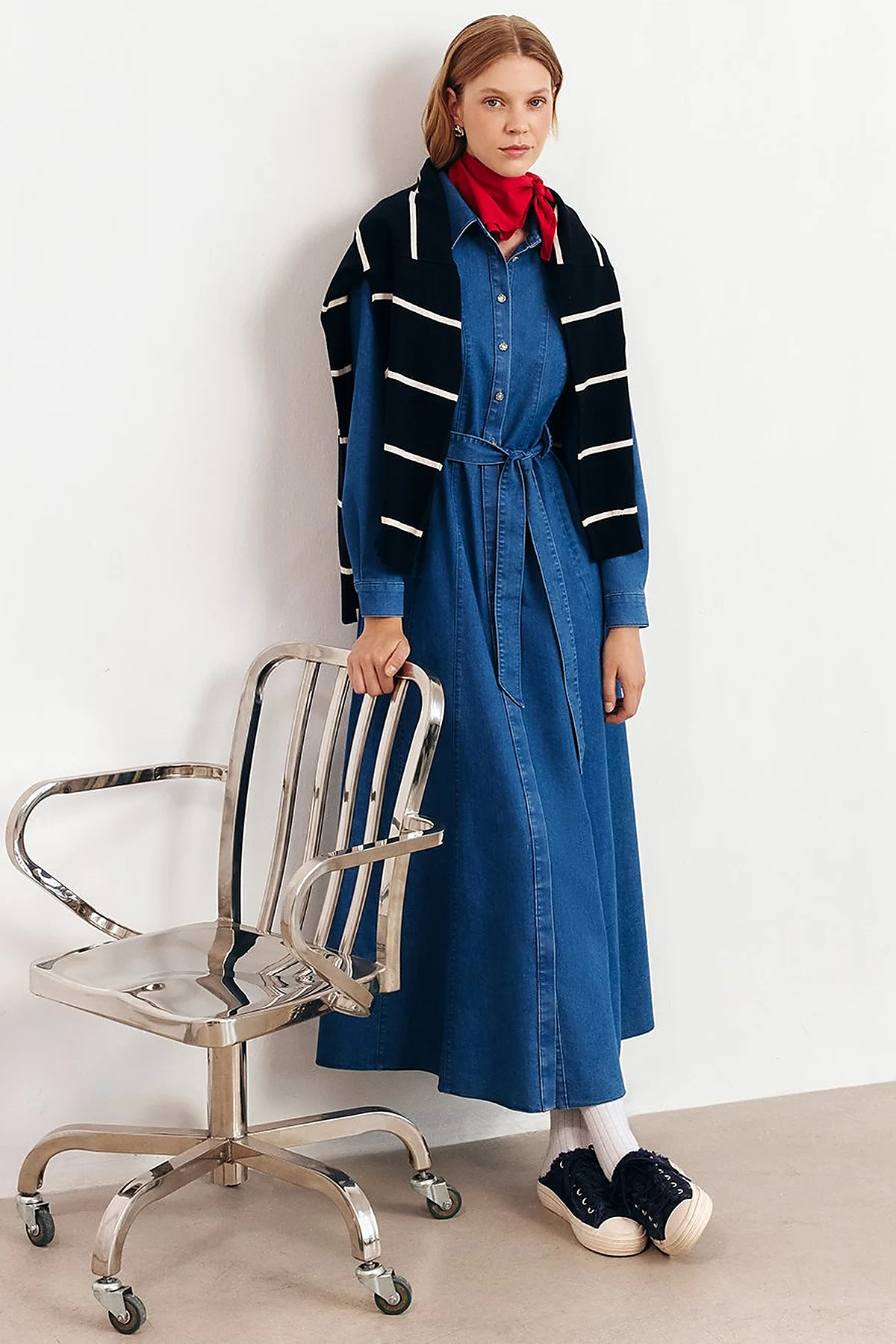 Belted Denim Dress in Navy Blue