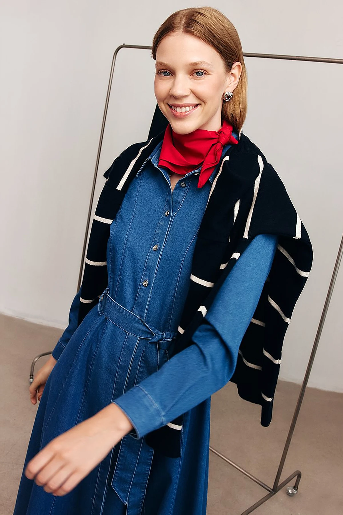 Belted Denim Dress in Navy Blue