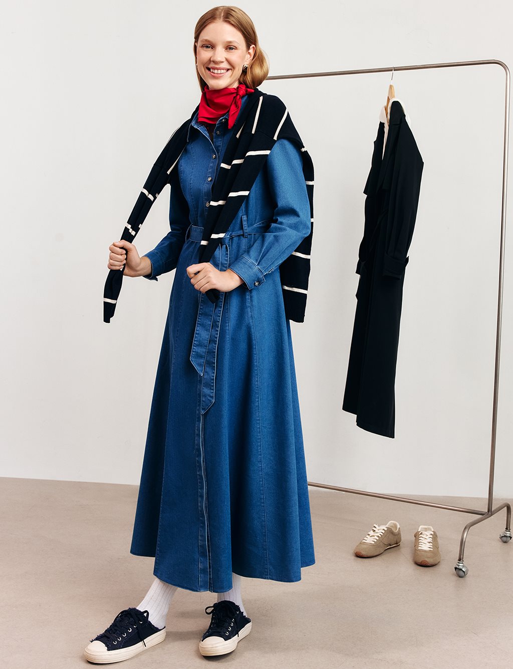 Kuşaklı Denim Elbise Lacivert
