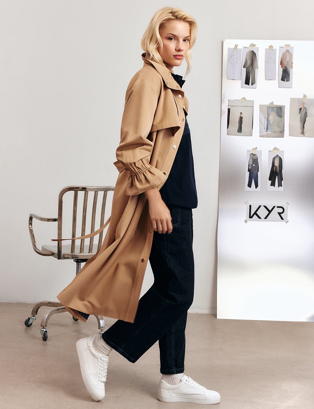 Bilek Detaylı Uzun Trençkot Bej