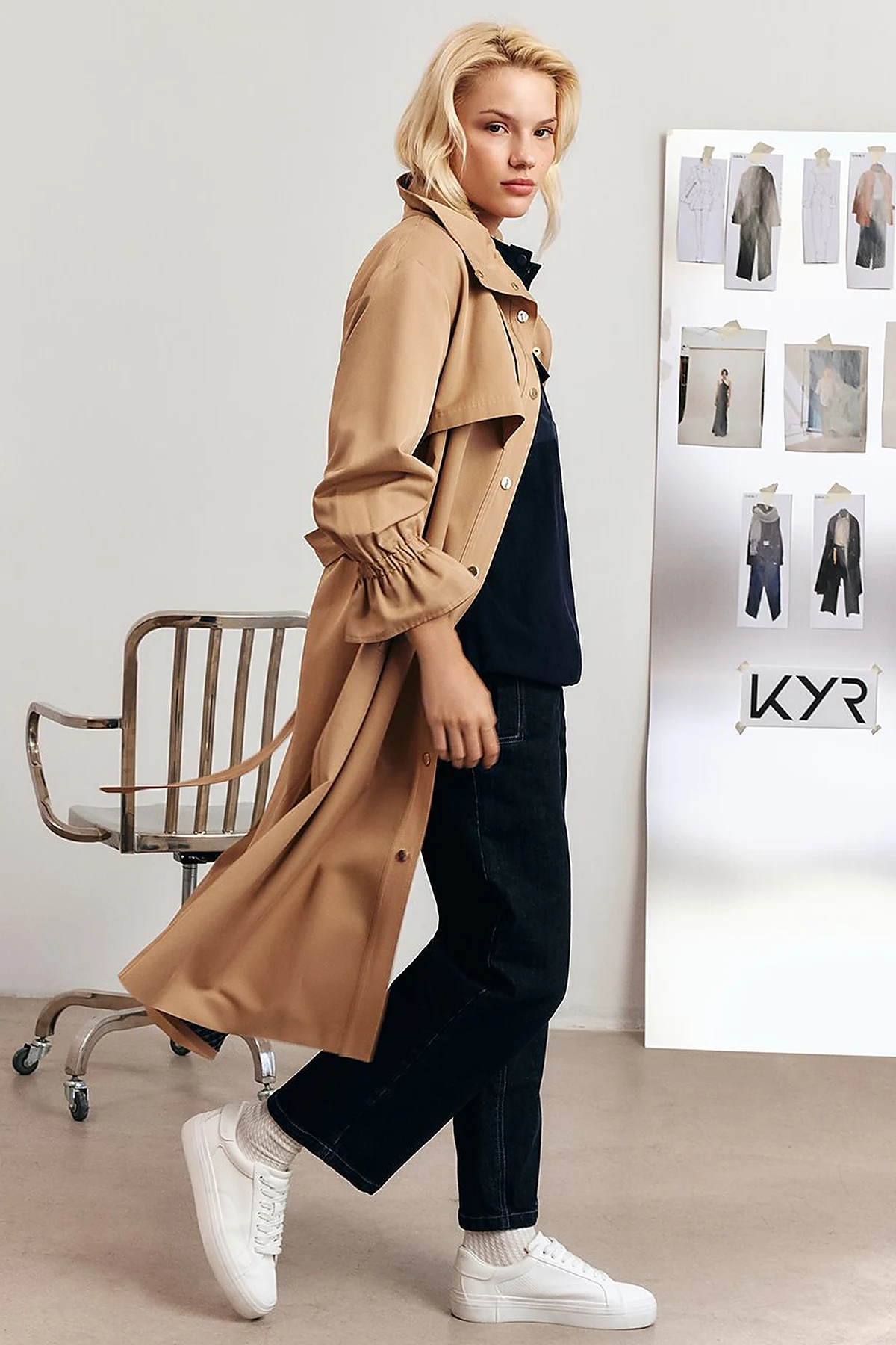 Cuff Detailed Long Trench Coat Beige