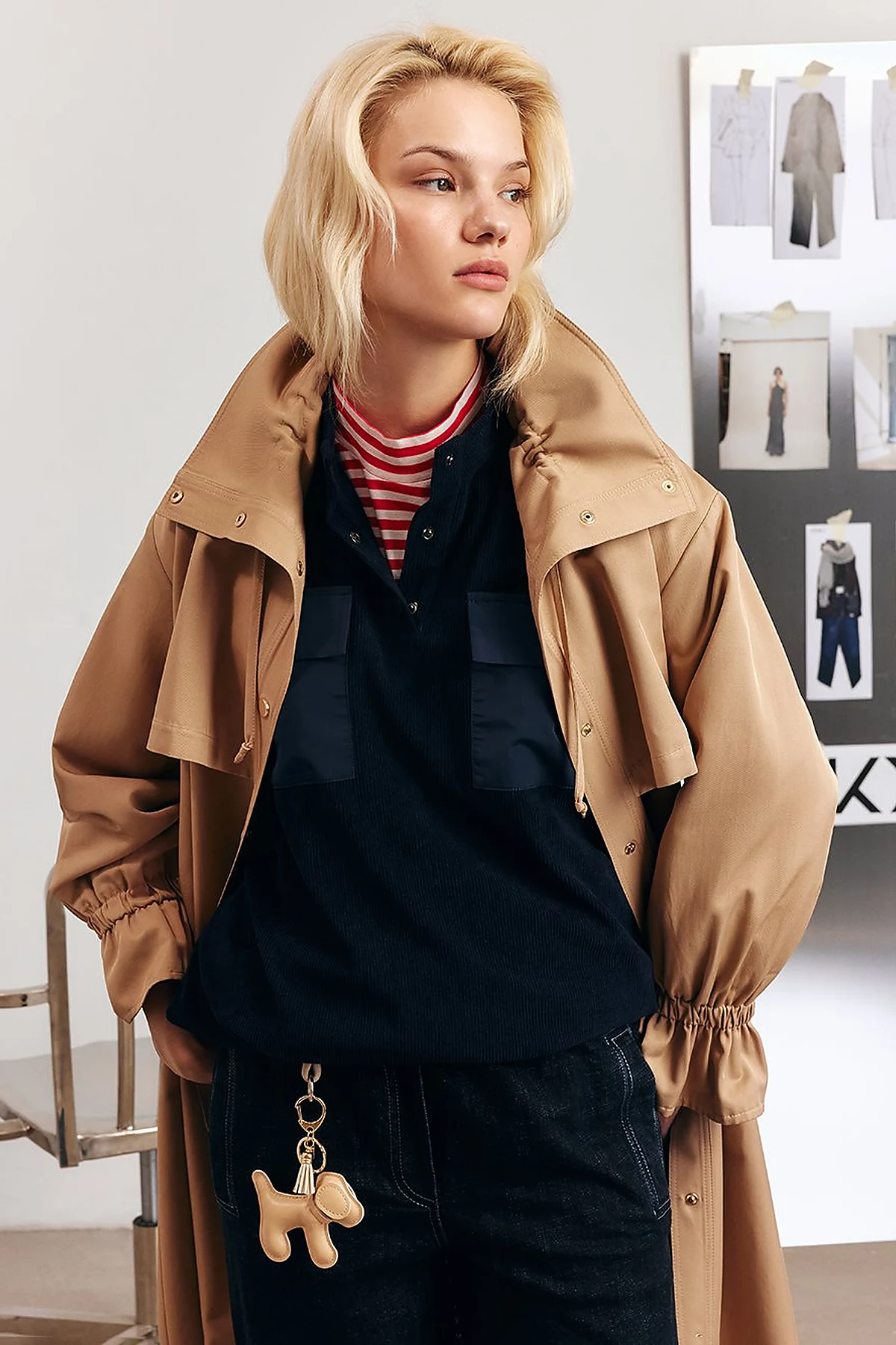 Cuff Detailed Long Trench Coat Beige