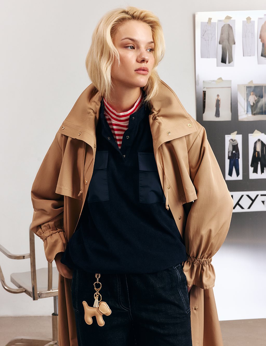 Bilek Detaylı Uzun Trençkot Bej