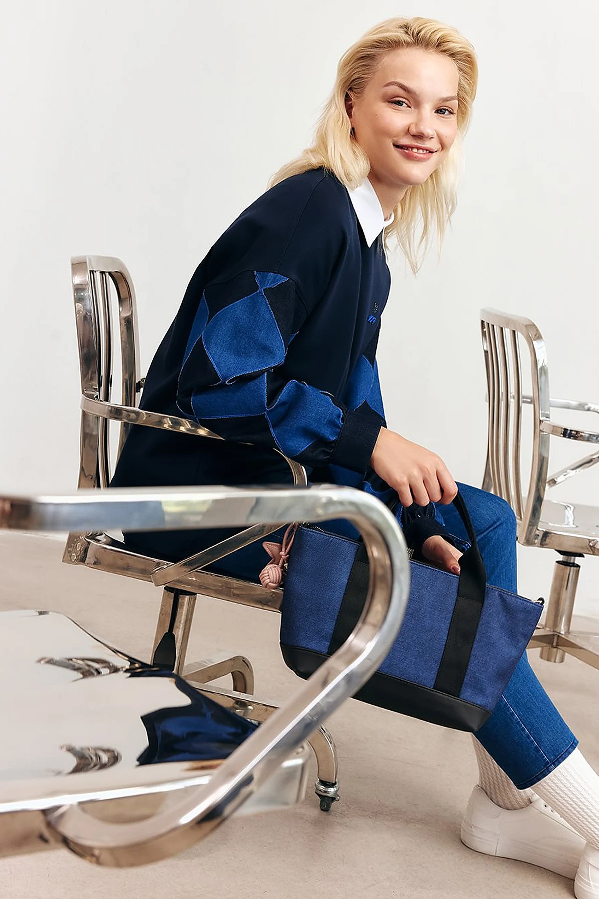 Denim Panel Sweatshirt Dark Navy