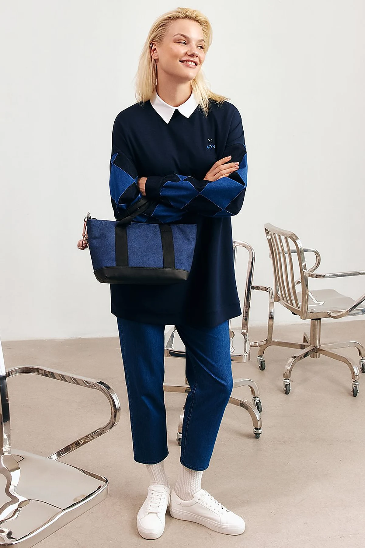Denim Panel Sweatshirt Dark Navy