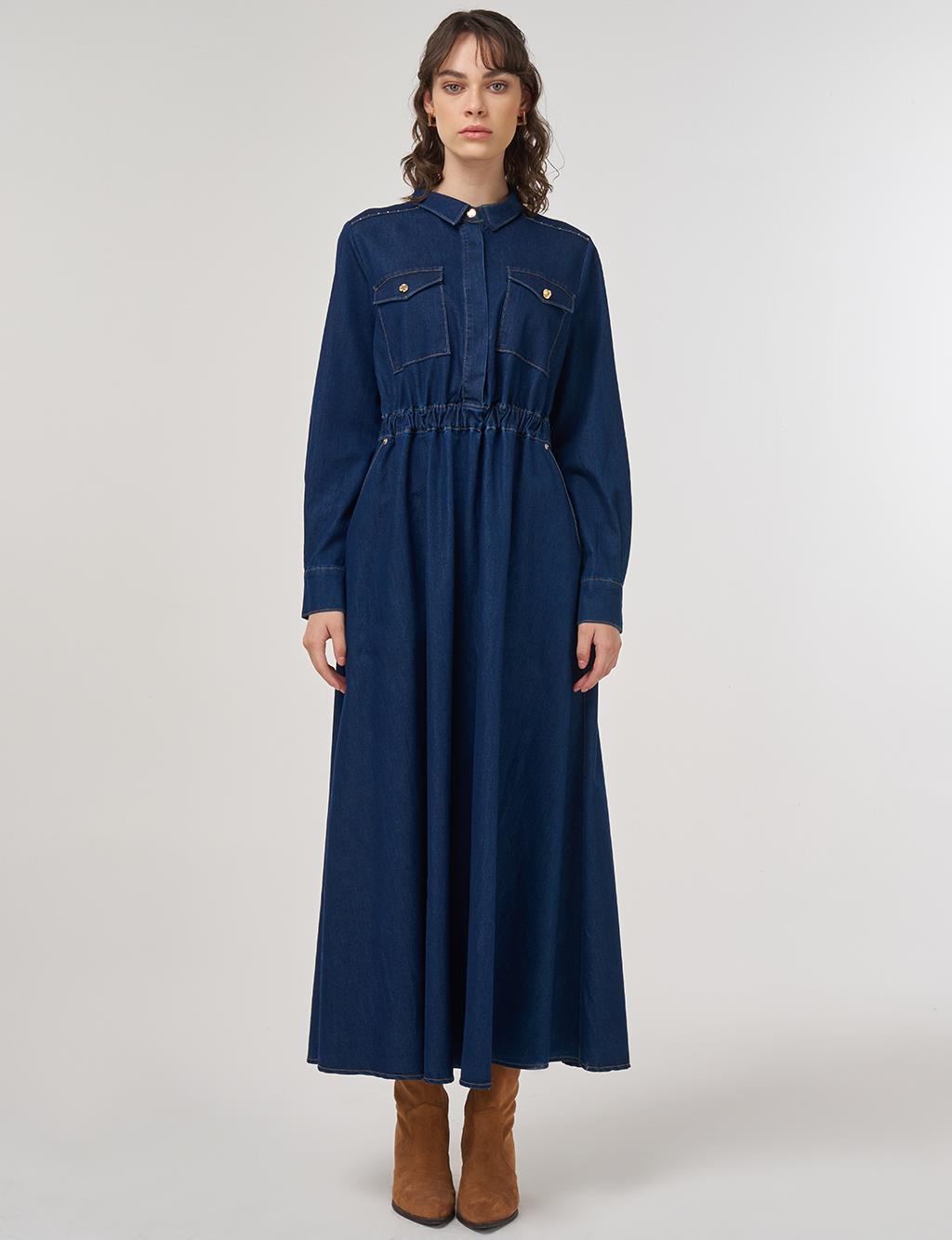 Hotfix Printed Denim Maxi Dress Navy