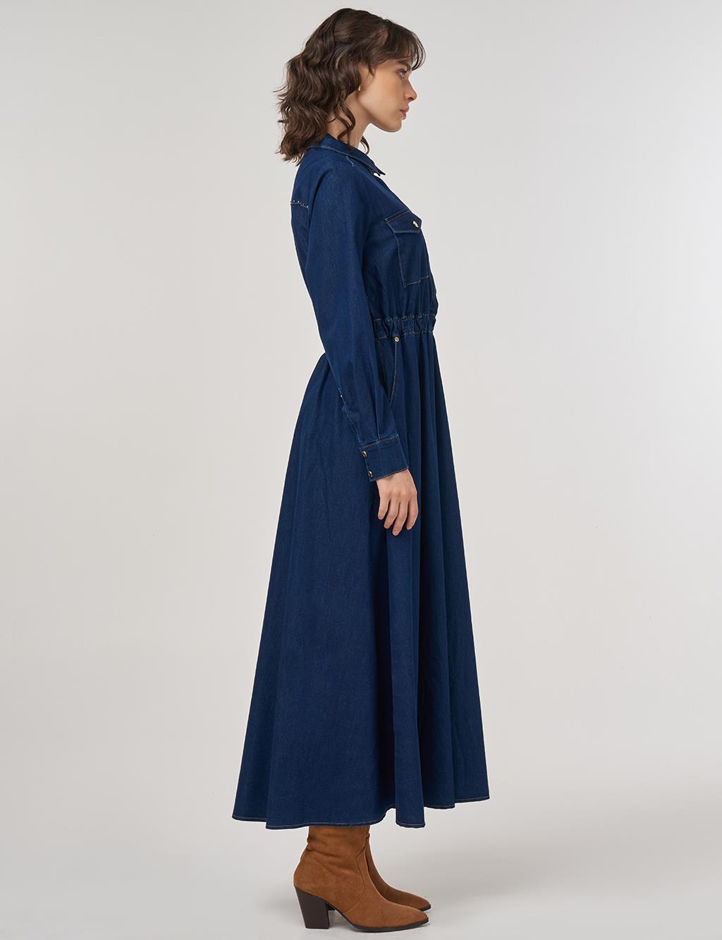 Hotfix Printed Denim Maxi Dress Navy