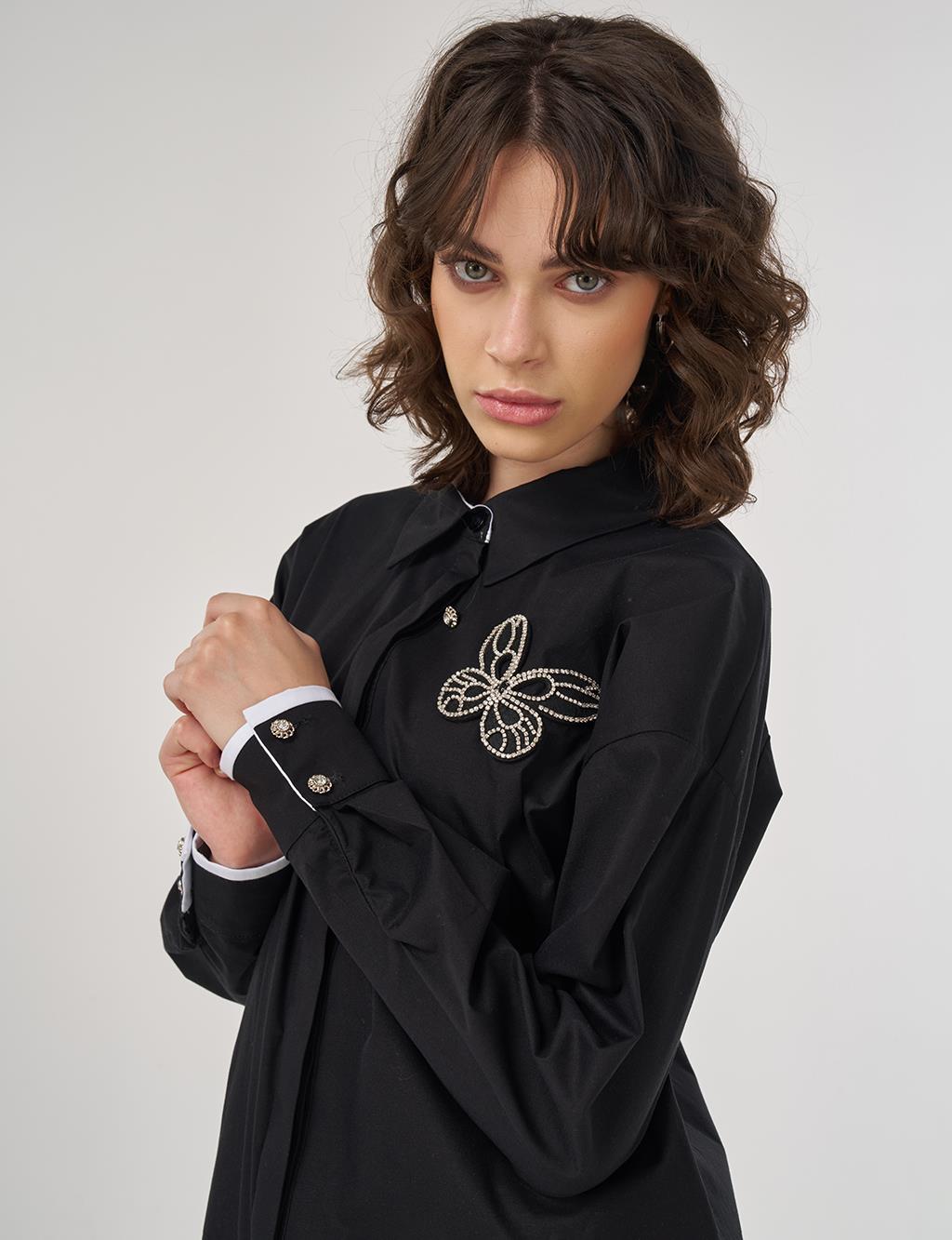 Butterfly Appliqué Cotton Tunic – Black