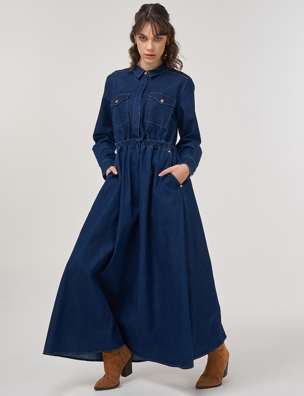 Hotfix Printed Denim Maxi Dress Navy