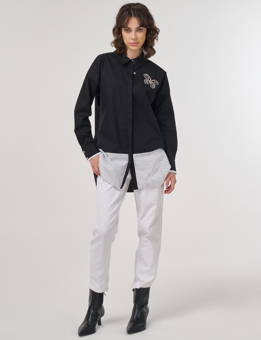 Butterfly Appliqué Cotton Tunic – Black