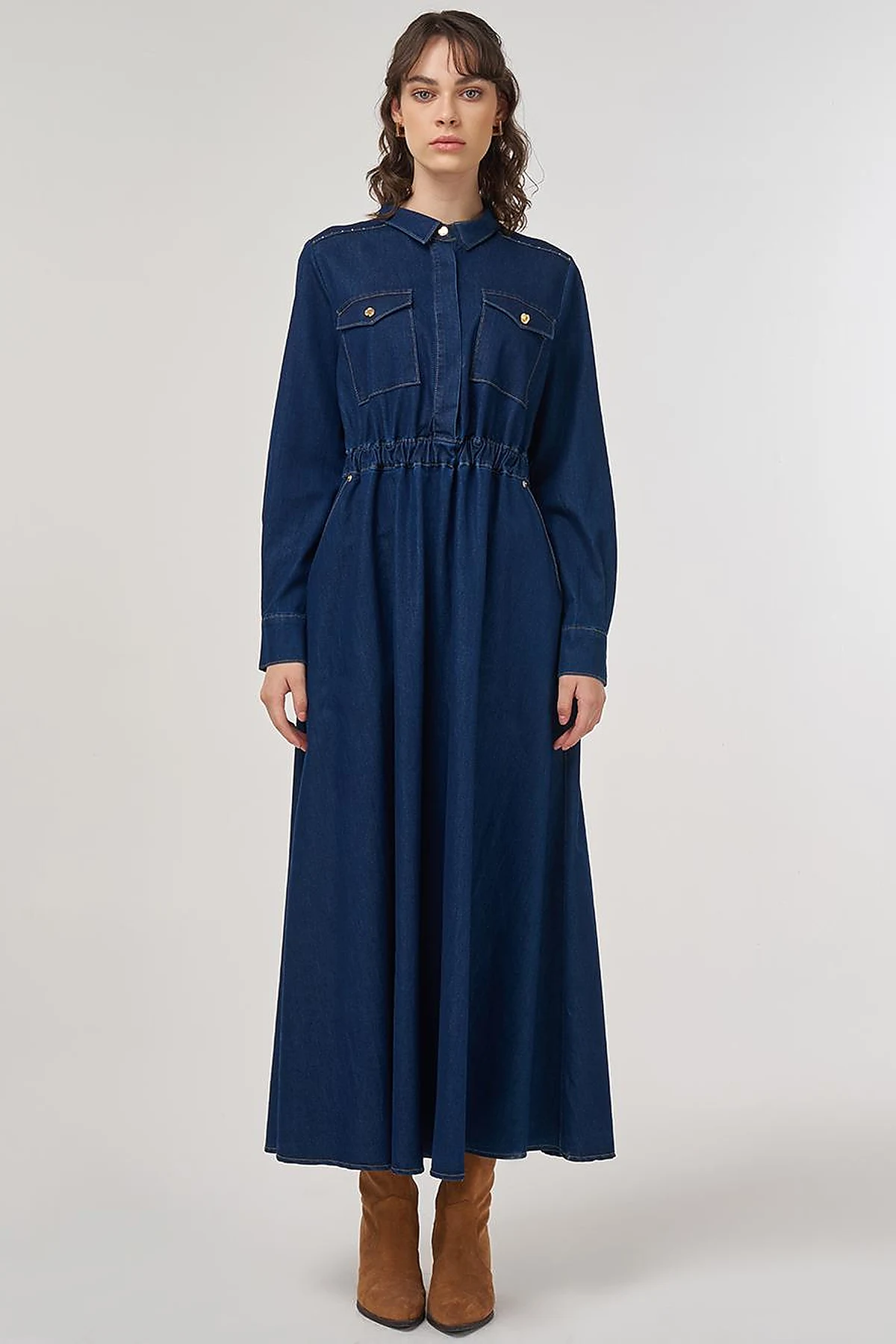 Hotfix Printed Denim Maxi Dress Navy