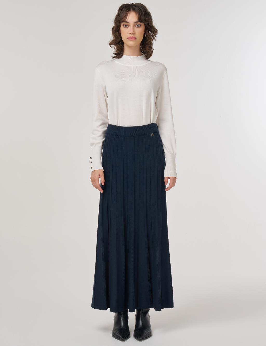 Yüksek Bel​ Viskon Triko Etek Koyu Lacivert 