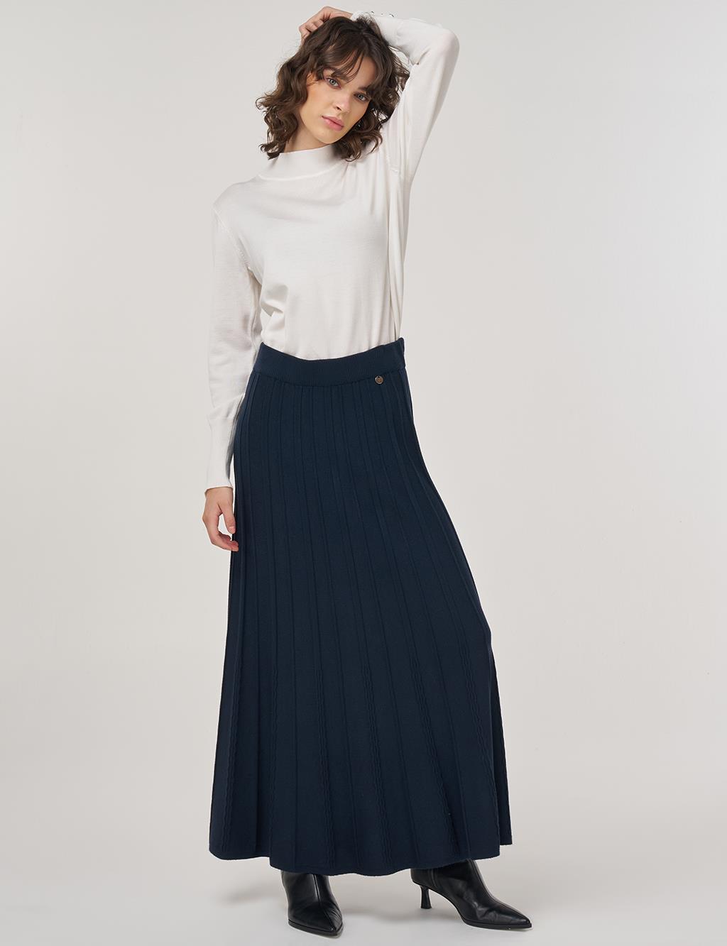 Yüksek Bel​ Viskon Triko Etek Koyu Lacivert 