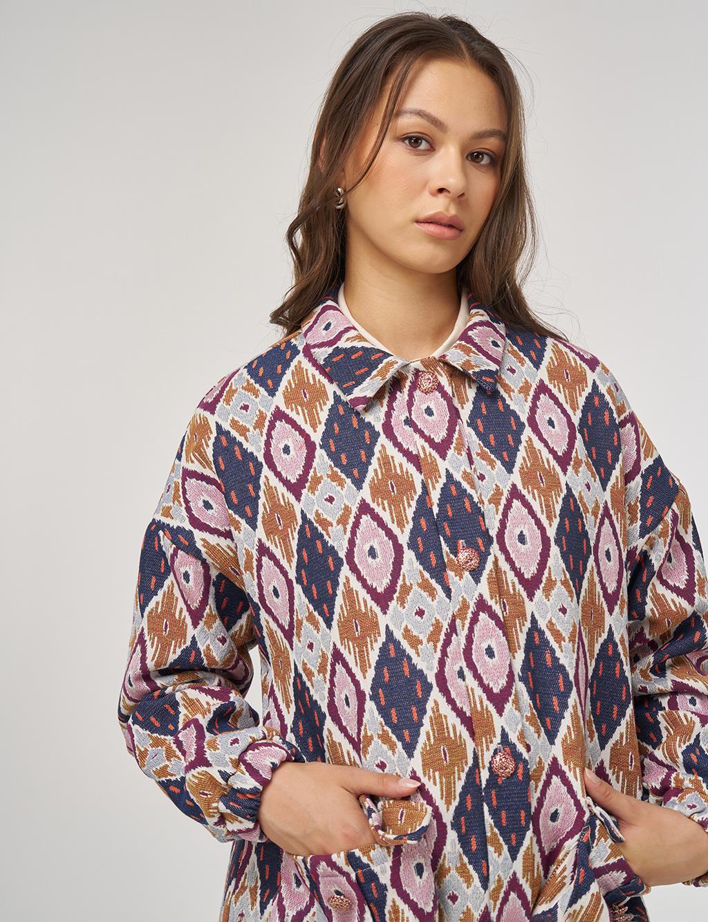 Geometric Pattern Bomber Jacket – Navy Blue 