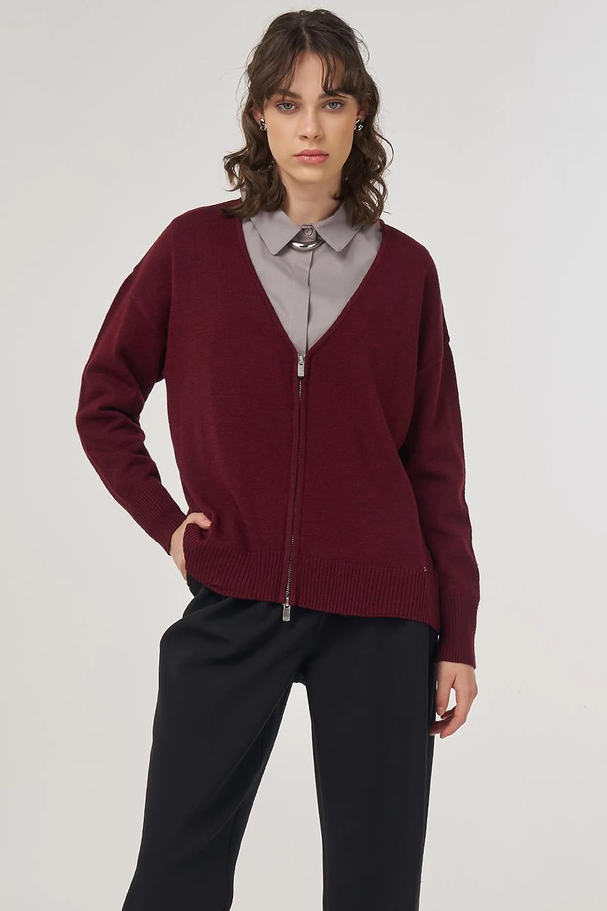  Zippered Knit Cardigan Burgundy 