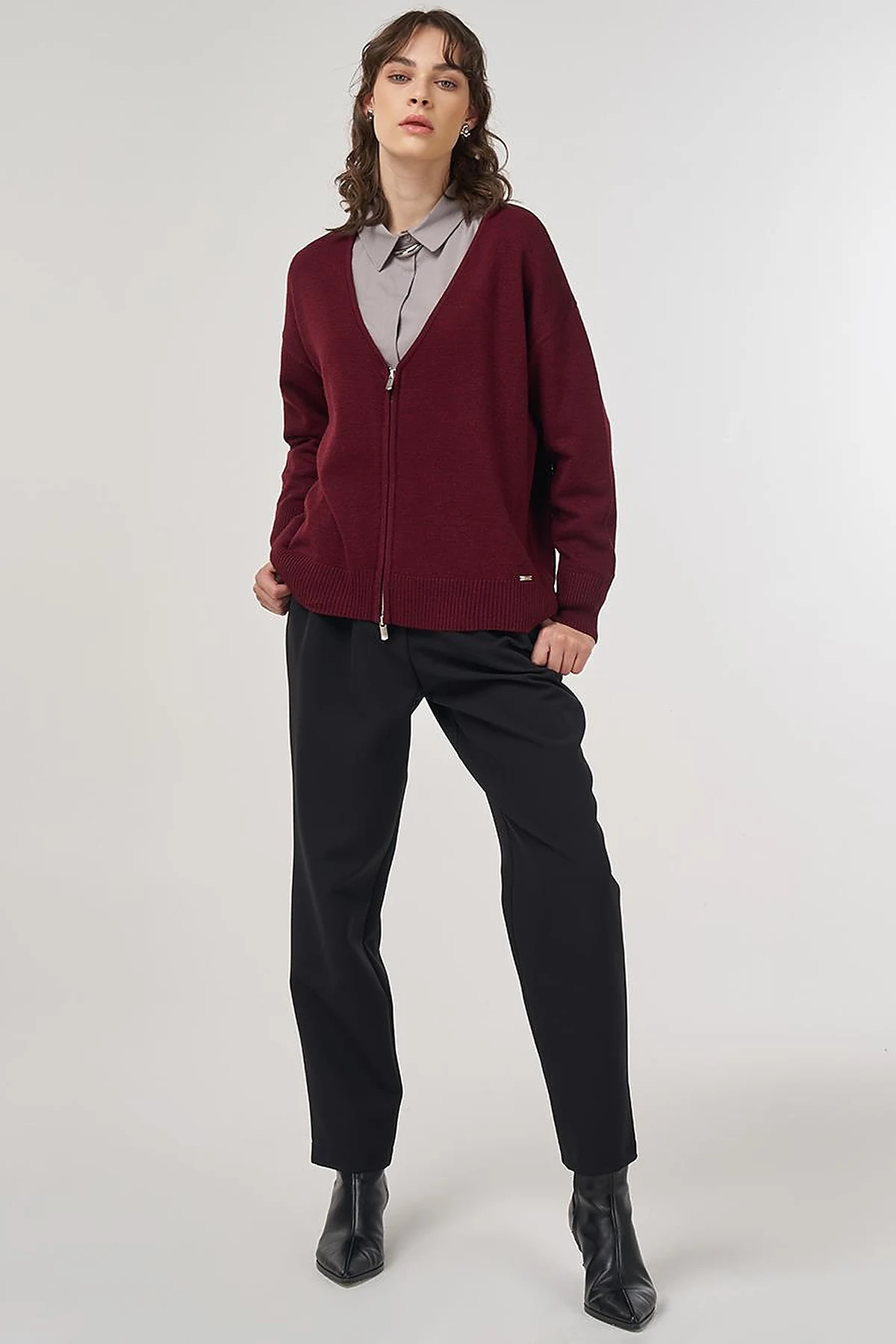  Zippered Knit Cardigan Burgundy 