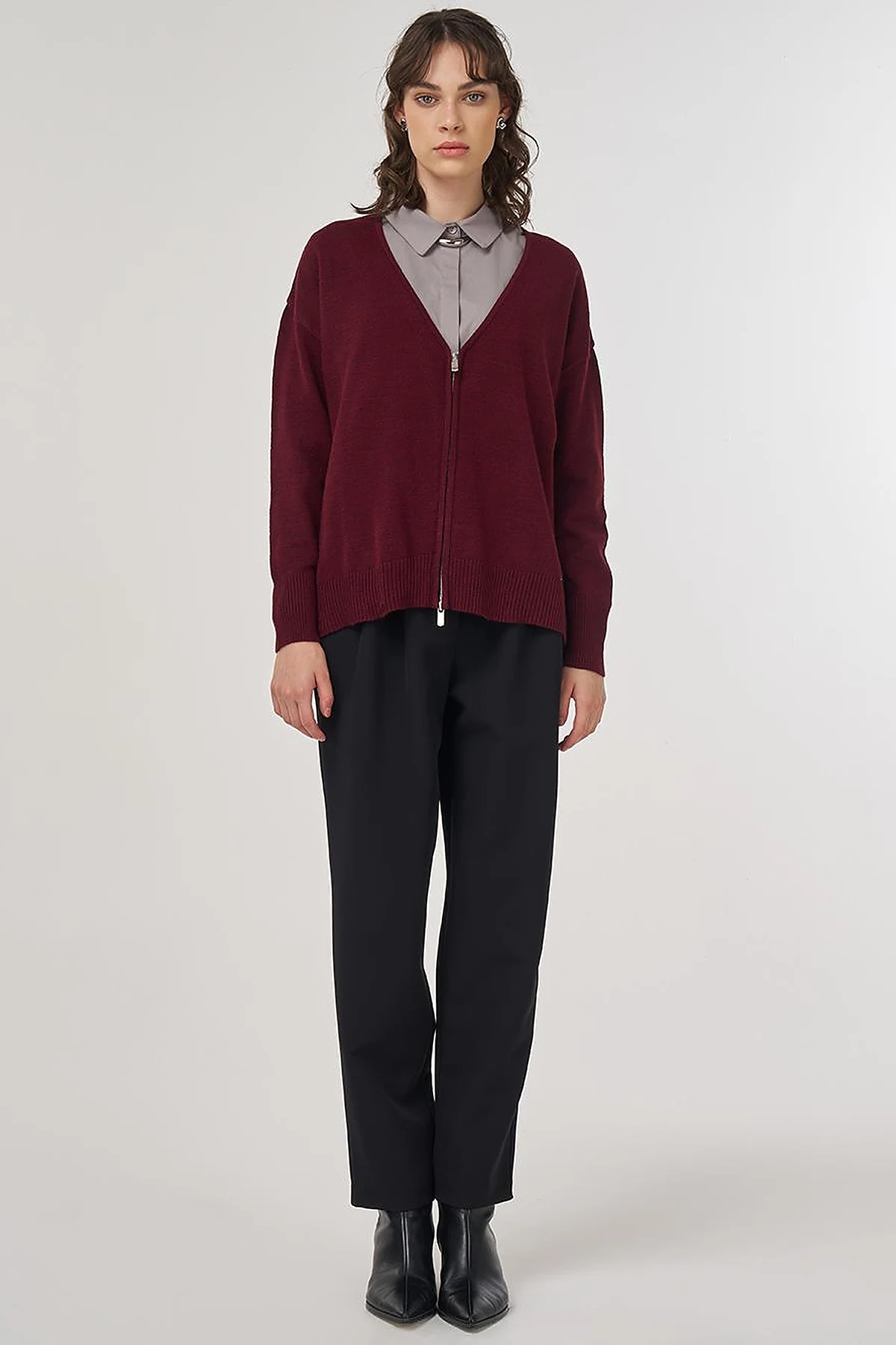  Zippered Knit Cardigan Burgundy 
