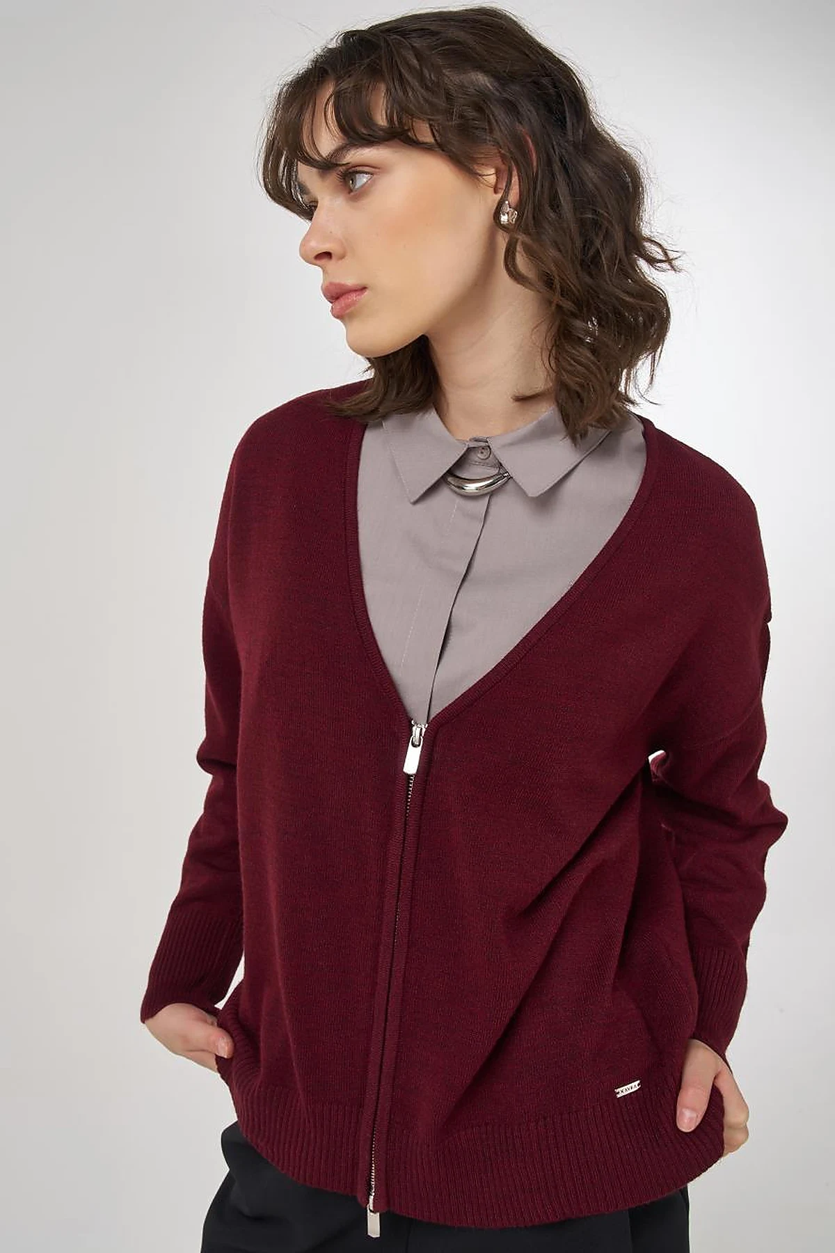  Zippered Knit Cardigan Burgundy 